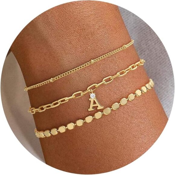 Elegant 3-Piece Gold Initial Charm Bracelets | A-Z | Perfect Gift for Women - Picture 1 of 6